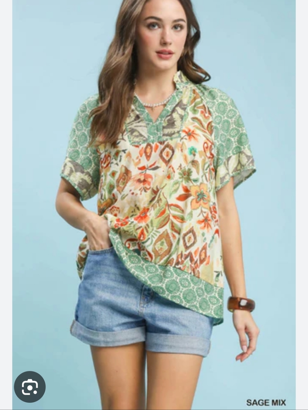 Umgee Sage Mix Floral Patchwork Short Sleeve Top